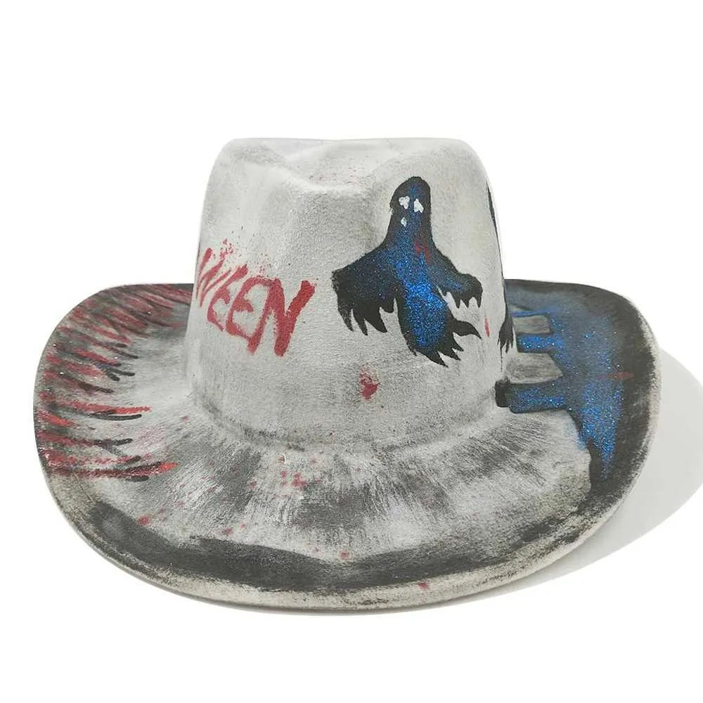 Wide Brim Hats Bucket Hats 2023 New Hand Painted Graffiti Fedora Cowboy Hat Men Ladies Christmas Holiday Hat Party Topper Panama Knight Hat Y240425