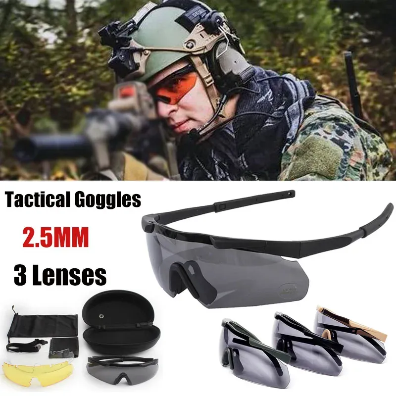 Eyewears JSJM Militära taktiska skyddsglasögon CS Airsoft vindtät dammtäta skjutglasögon 3 lins Set Motorcykel bergsklättring Säkra glasögon