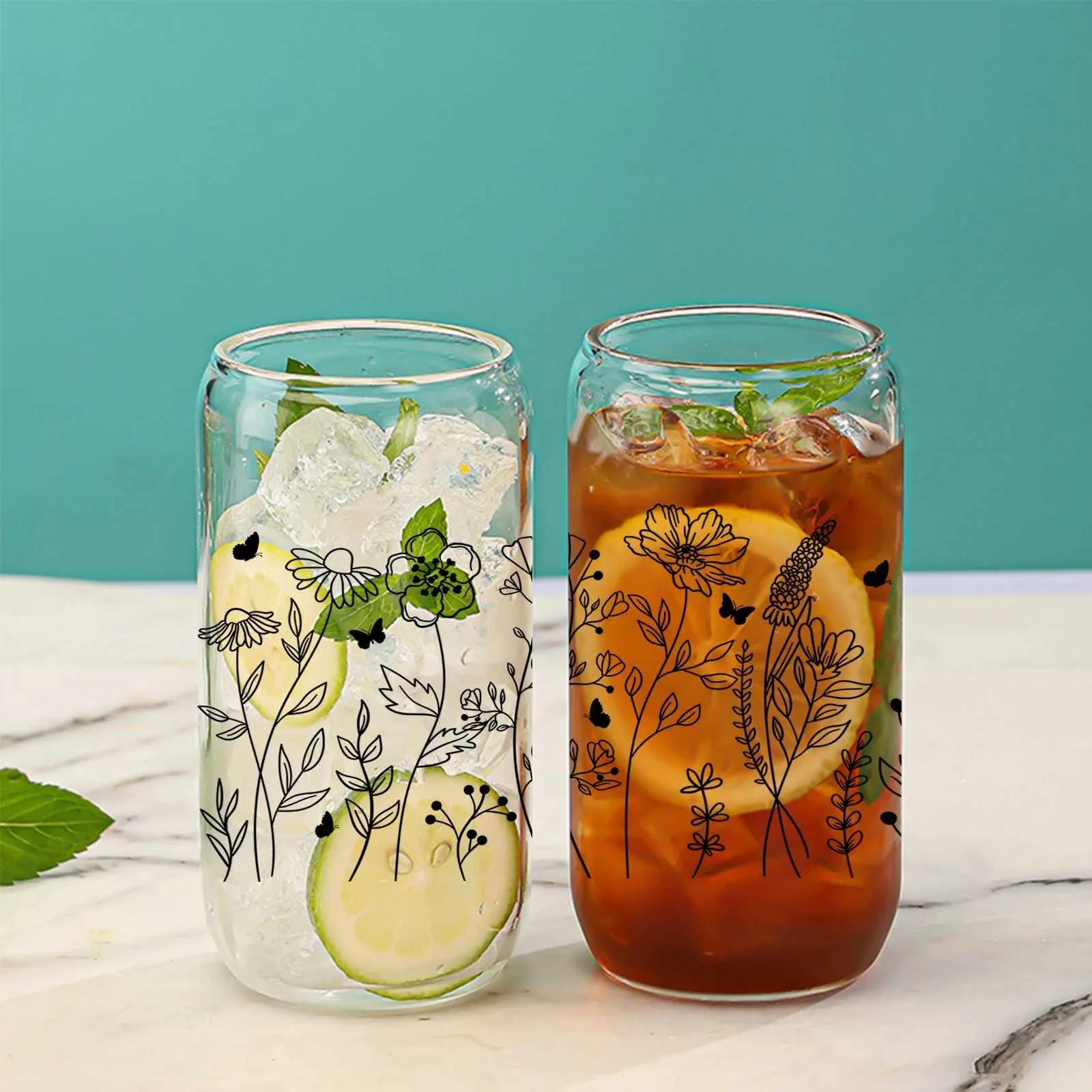 Gobelers fleurs de ligne noire transparent le verre à boire Can avec du bambou couvercle de paille de paille tasse de lait pour les boissons chaudes / froides cadeaux h240425