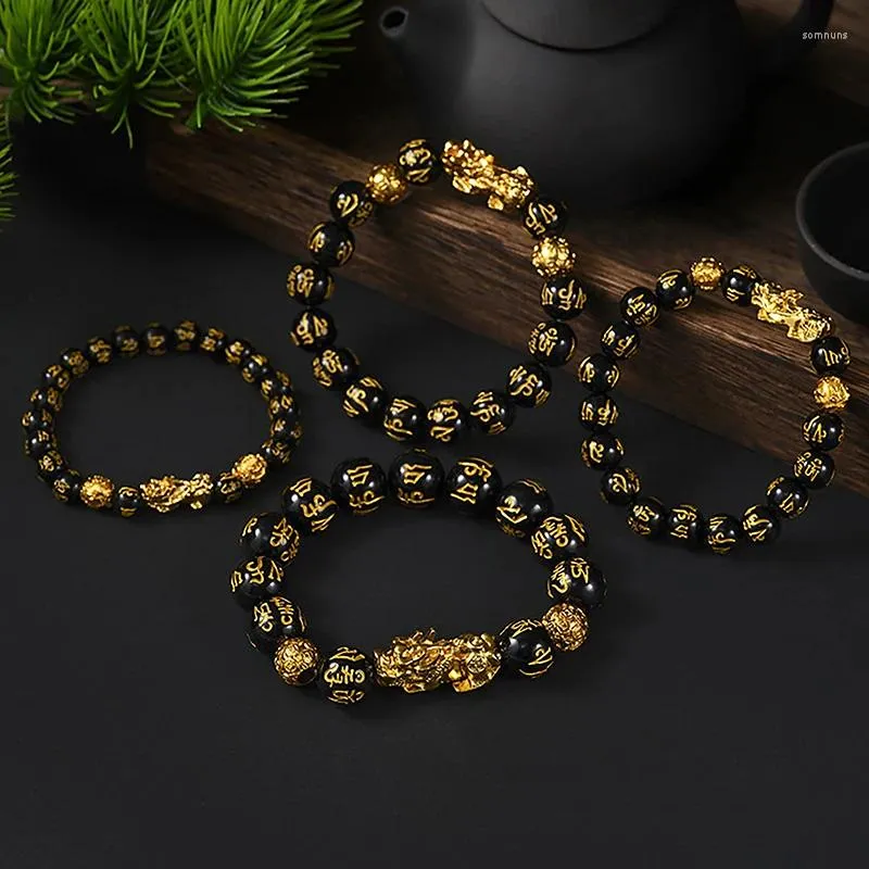 Charm Bracelets Chinese Style Pixiu Six-character Mantra Obsidian Stone Beads Bracelet For Men Women Wristband Wealth And Good Luck