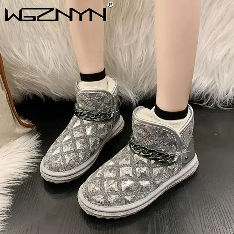 Boots Luxury Brand Designer Women's Snow Boots Diamond Plaid Chain Casual Shoes Winter Plush Ankle Boots Thick Soles Warm Cotton Shoes