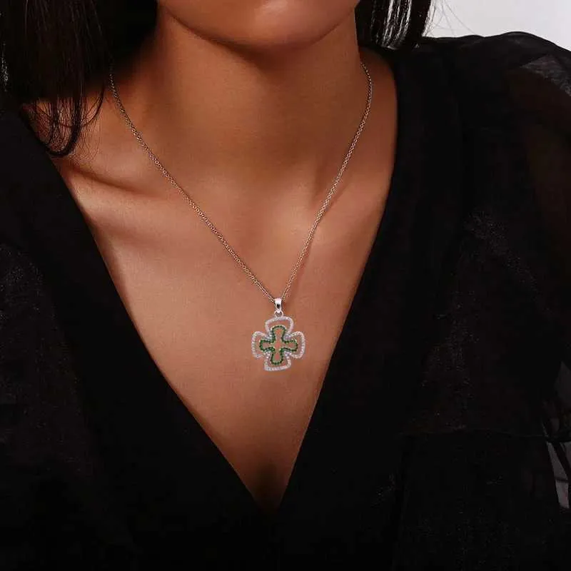 Collane con ciondolo Moda reddito dominante collana a due foglie bianco verde gioielli ragazza quadrifoglio regalo_voghion.com