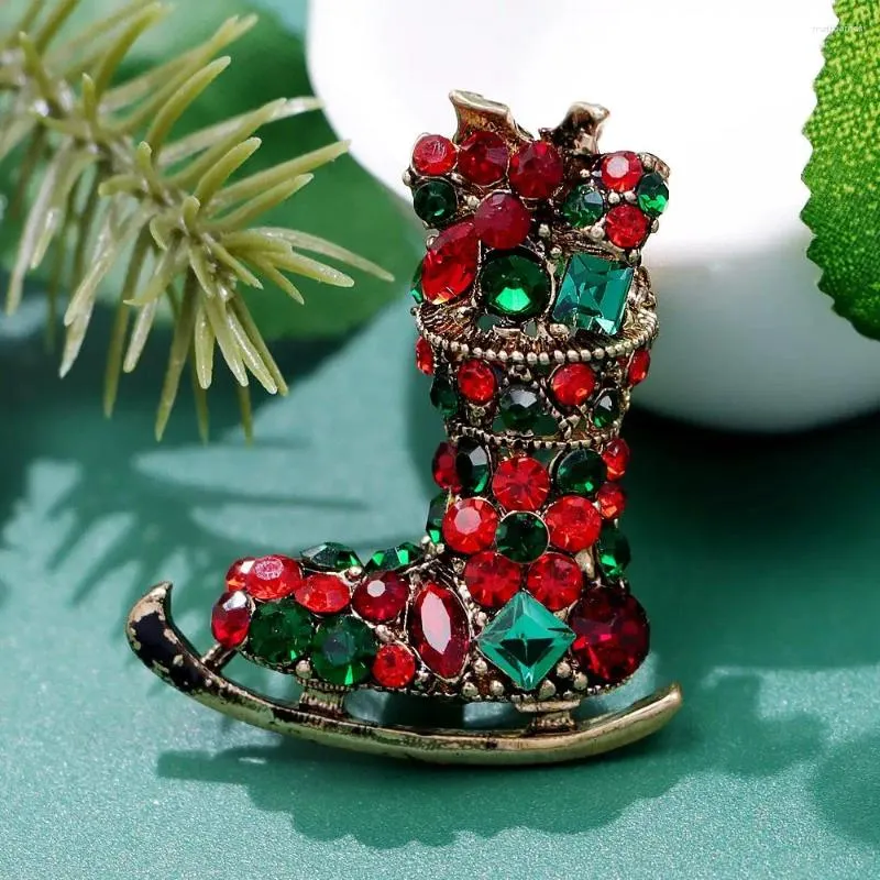 Brouches Cindy Xiang Full Rhinestone Christmas -Skate Brooch Skating Shoes Pin Red and Green Winter Fashion Association