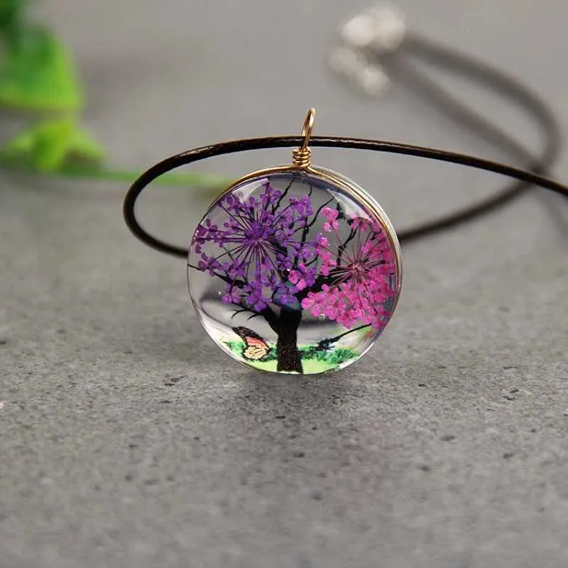 Pendant Necklaces Classic specimen time gem glass pendant sweater chain dried flower plant life bark rope necklace_voghion.com