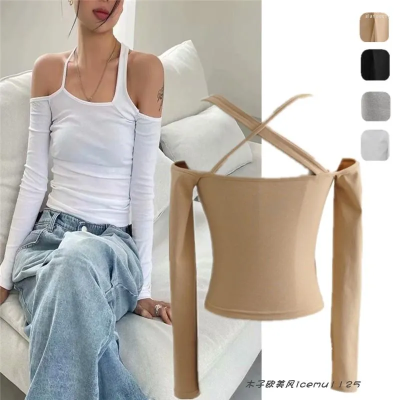 Camicie da donna Ins American Style Nicchia Design croce Off-Shoulder Sleeve Slip Fit Slinging Inspirational Two-Vie Short Sexy T-shirt sexy