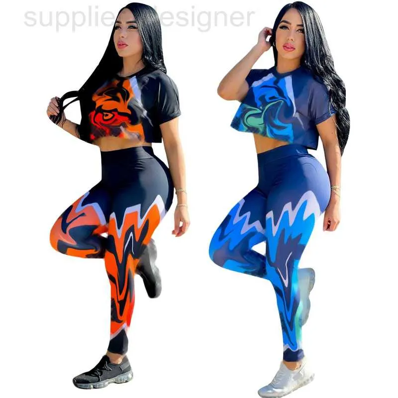 Women's Two Piece Pants designer J2948 Spring New Slim Fit Fashion Printed Short Sleeve Set in 2 Colors A4E9