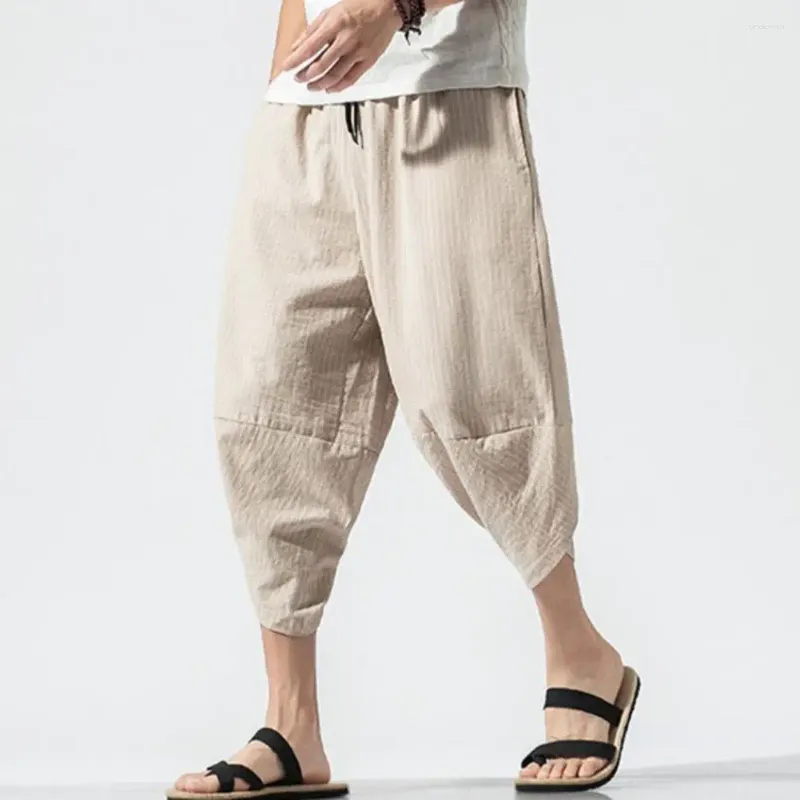 Calças masculinas, homens de verão cortados estampas listradas verticais com cintura elástica de cordão para streetwear