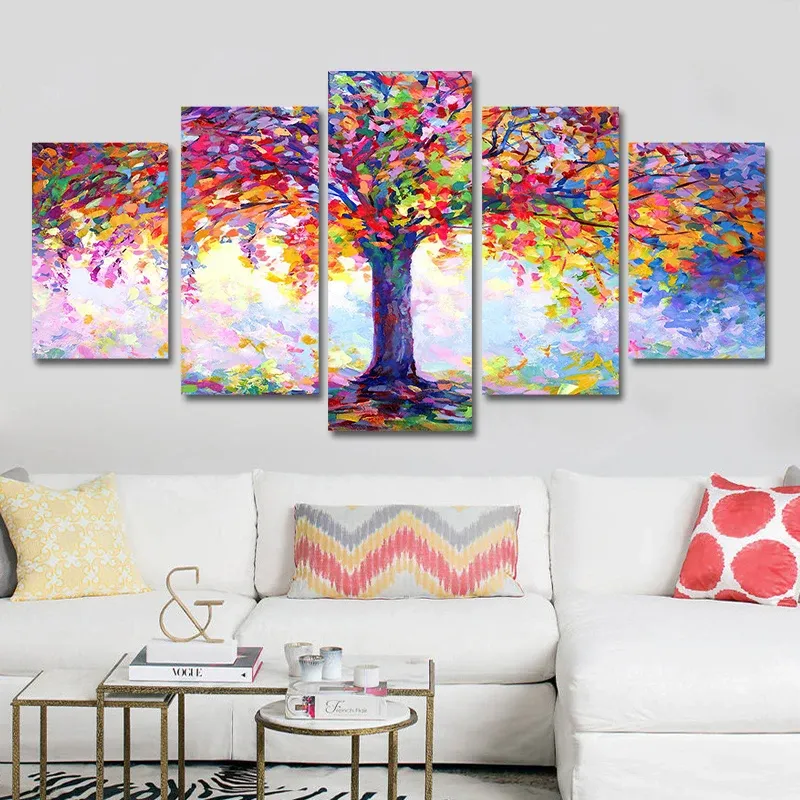 5 Panel kolorowy malowanie drzew nadruk na płótnie plakaty drzew i grafiki nowoczesne sztuka ścienna lądowego do wystroju domu w salonie