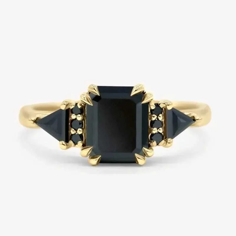 Band Rings Exquisite Square Black Stone Zircon Engagement Classical Gold Color Party Anniversary Wedding for Women H240425