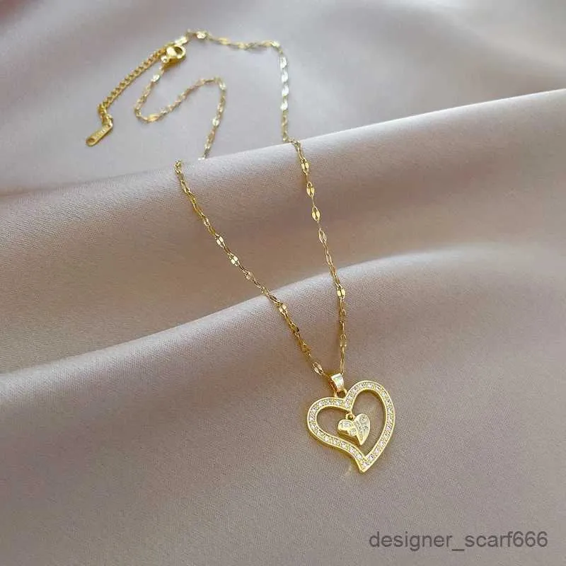 Pendant Necklaces Classic Double Love Jewelry Light Necklace Fashionable Personality Versatile Stainless Steel Clavicle_voghion.com