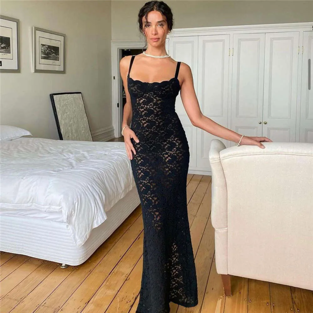 2024 Summer New Women's Fashion One Line Pesh Perspective Sexy Lace Slim Fit Dress for Women F42540
