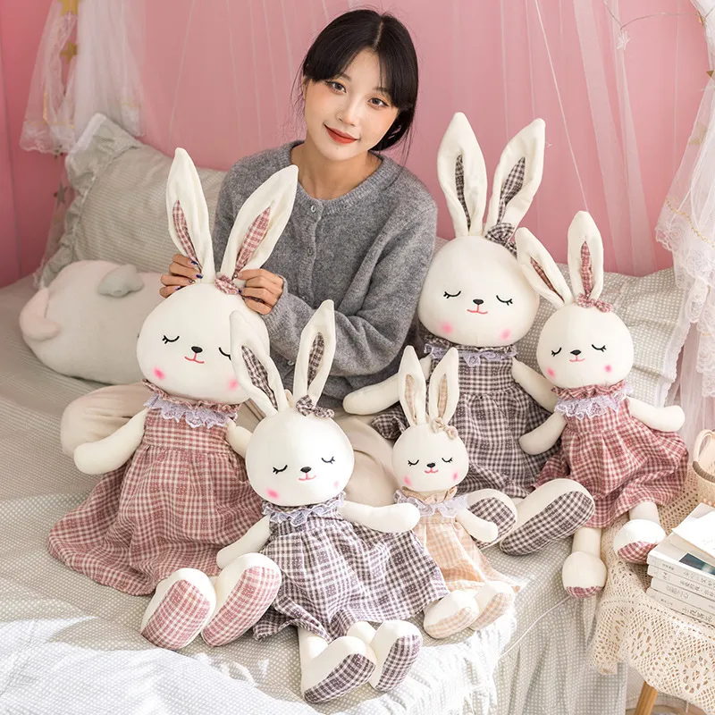 Cartoon Konijn Baby Sleep Soothing Doll Plush Toy Long Eared Rabbit Doll Singing Plaid Rok Rabbit Cross Border