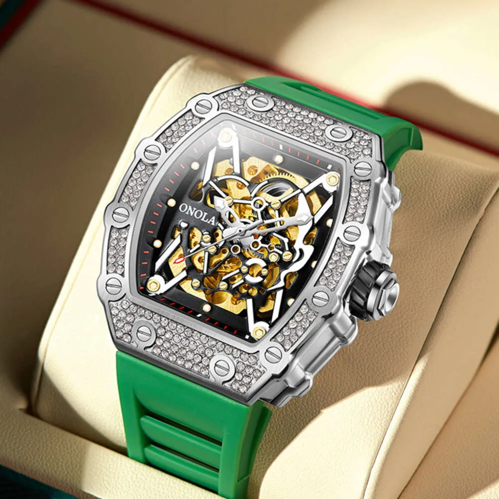 Full Diamond Fashion Design Onola W pełni automatyczny zegarek mechaniczny męski taśmę silikonową wodoodporność