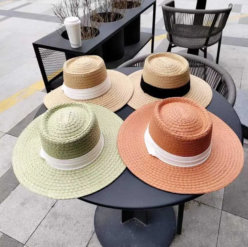 Chapéus de aba larga Chapéus de balde 2024 Novo estilo Summer Womens Straw Hat Ladies Sun Hat Hat Solid Hat Hat Bump Brim Brim French Raff Caps Mulheres Y240425