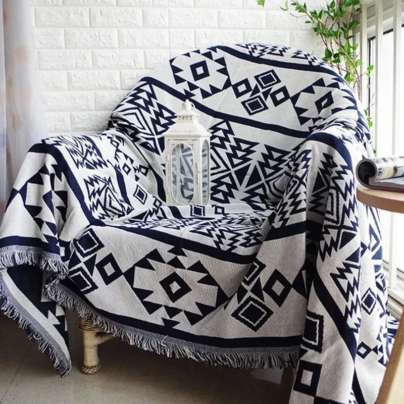 Conjuntos de sofá xadrez boêmio cobertor decorativo de arremesso de malha de malha de malha de toalha