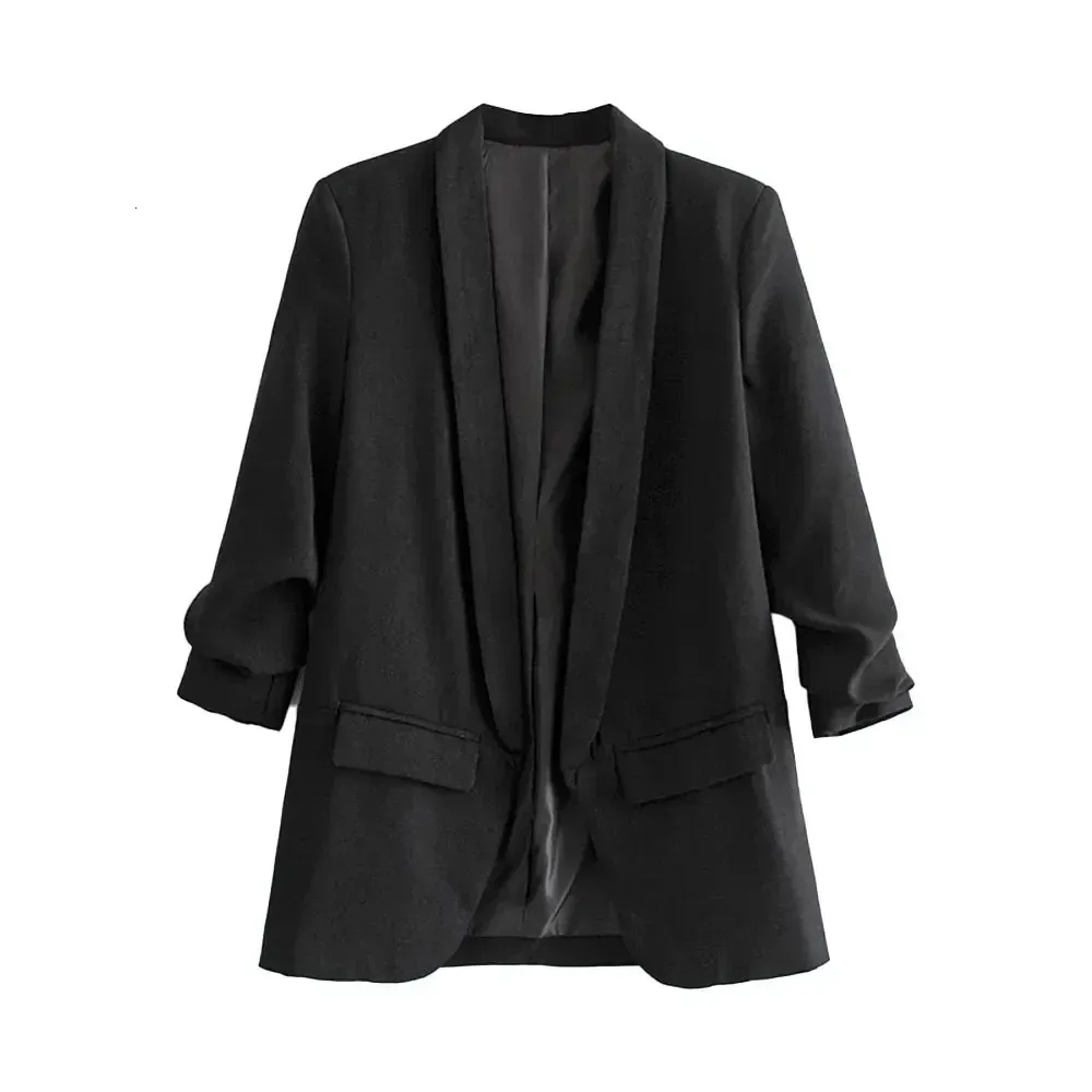 French Style Women Fashion Office Wear Open Blazer Coat Vintage Lång veckade ärmar Klafffickor Kvinna Ytterkläder Chic Topps 240424