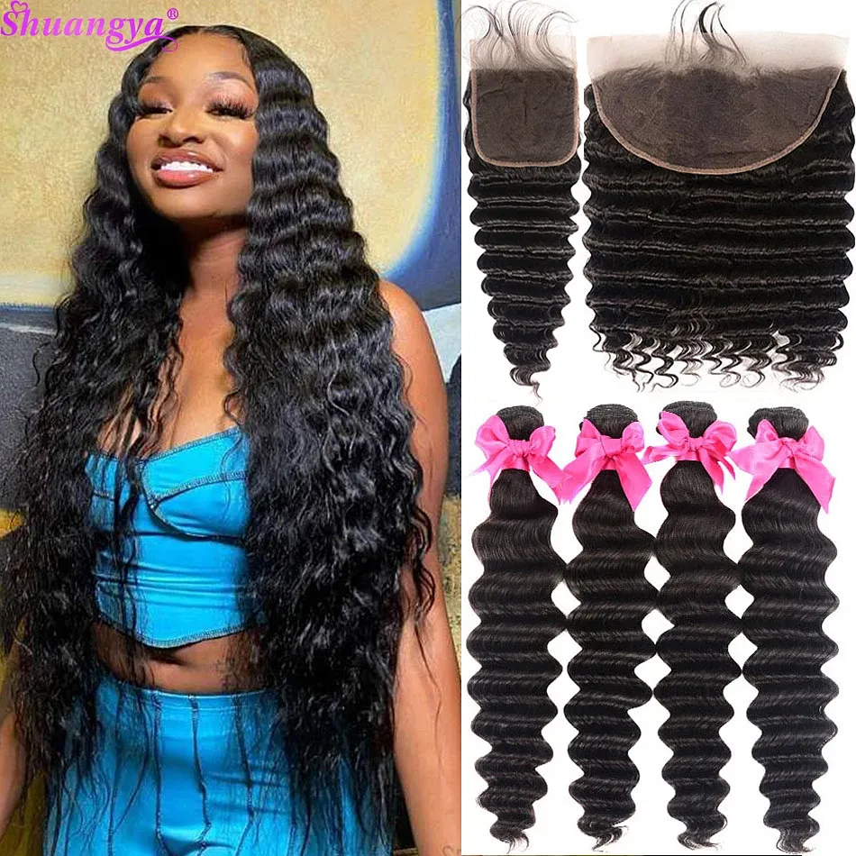 Pacotes de ondas profundas soltas com feixes de cabelo brasileiros frontais com encerramento de renda Virgin Hair 4x4 5x5 HD Fechamento de renda com feixes