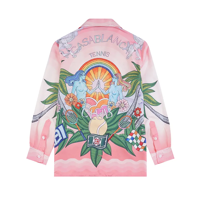 Europe USA 24ss Hawaii Beach Beauty Rainbow Print Polyester Tee Summer Long Sleeve Casual Artist Flower Streetwear Shirt Homewear 3XL Size 0425