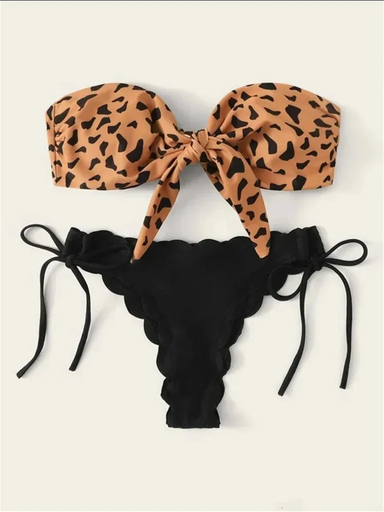 Beach Bikini Woman Sexy Front Lace Up Tie Bandeau Leopard Swimsuit Female Push Ruffled Bow Bathing Suit Thong Swimwear 240410