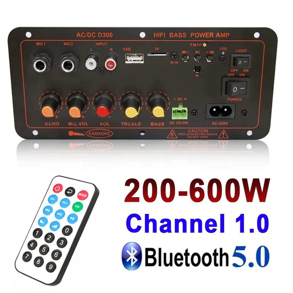 앰프 D100 D300 600W Bluetooth 오디오 앰프 보드 D300 서브 우퍼 듀얼 마이크 오디오 AMP 모듈 DC 12V 24V AC 220V 미디어 플레이어