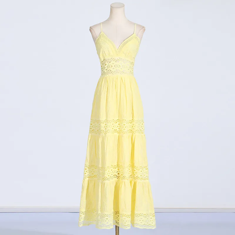 416 XL 2024 Milan Runway Dress SPring Summer Sleeveless Lace Embroidery Yellow Spaghetti Strap Skirt Womens Dress Fashion High Quality boka