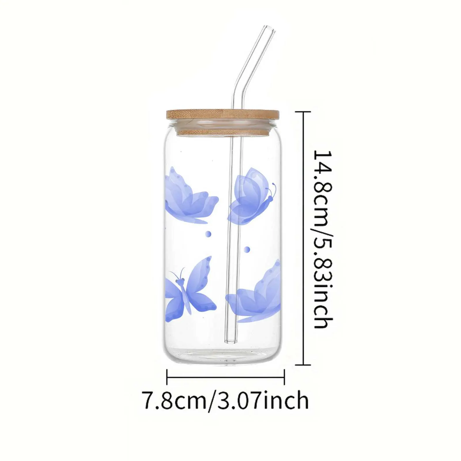 Tumblers de 16 onças Butterfly Butterfly Padrão com tampa de bambu Garrafa de sorvete de suco de palha de vidro adequada para presentes de verão H240425