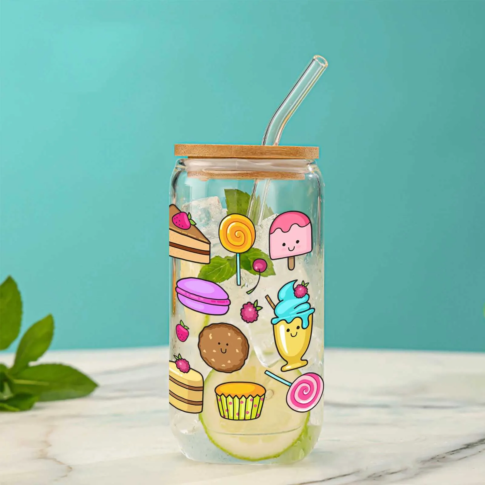 Tumblers 16 унций фруктовый десертный рисунок прозрачная банка для питья с бамбуковой крышкой и чашкой соломенного сока для горячего/холодного напитка Подарок для напитков H240425