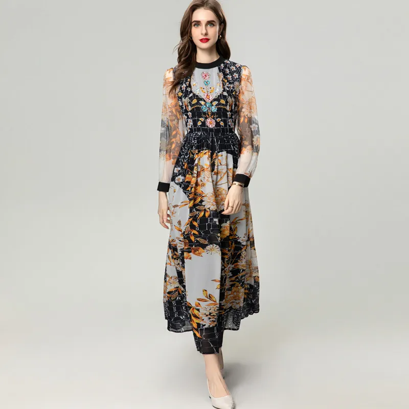 Women's Runway Dresses O Neck Long Sleeves Beaded Rhiestones Printed Fashion Casual Designer Vestidos