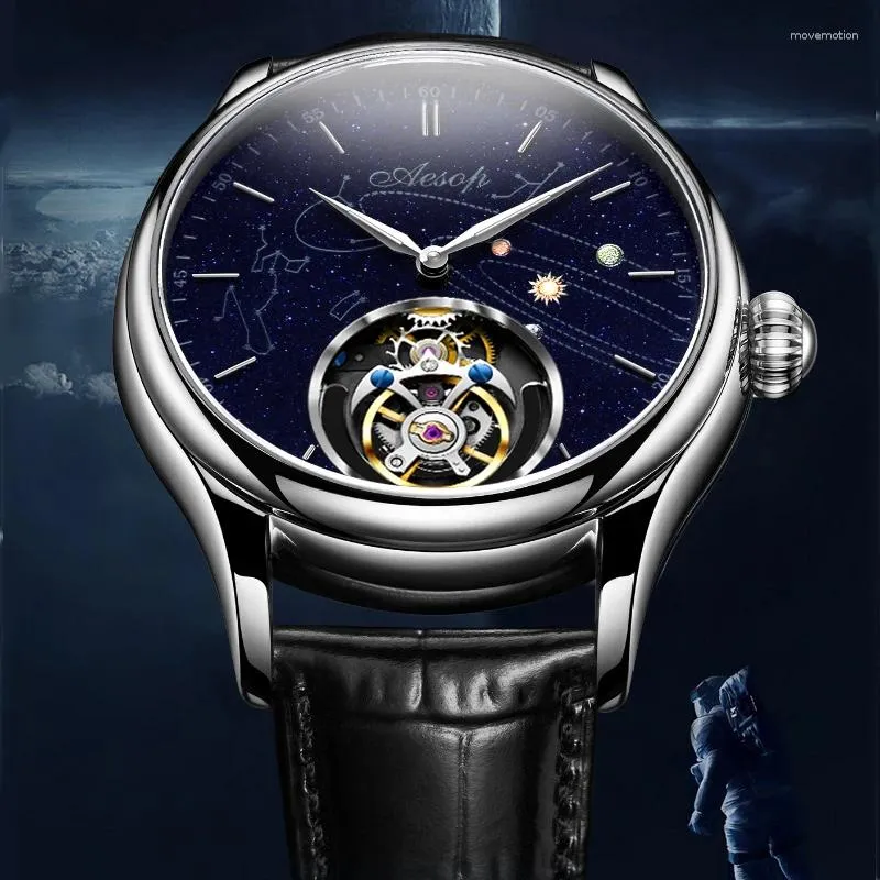 Armbandsur Aesop Tourbillon Mechanical Watches Top Star Sky Clock Hand Winding Movement Business Sapphire Waterproof för män