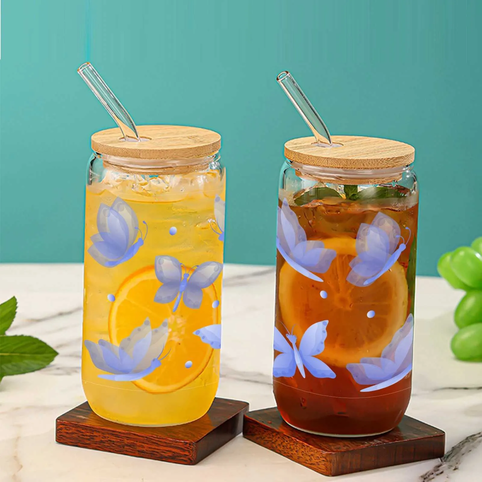 Tumblers de 16 onças Butterfly Butterfly Padrão com tampa de bambu Garrafa de sorvete de suco de palha de vidro adequada para presentes de verão H240425