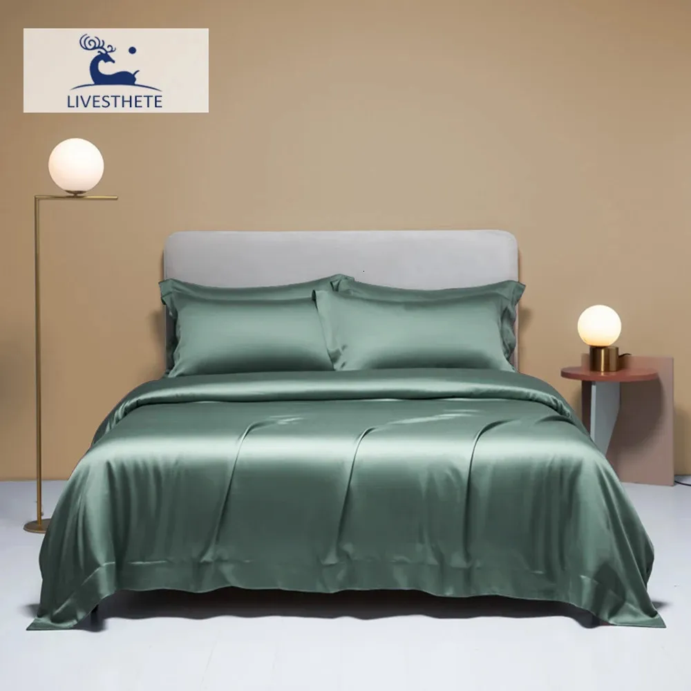 LivEsthete Double King Queen Green 100% Silk Bedding Set Summer Duvet Cover Pillow Case Bed Sheet Quilt For Sleep Gift 240425