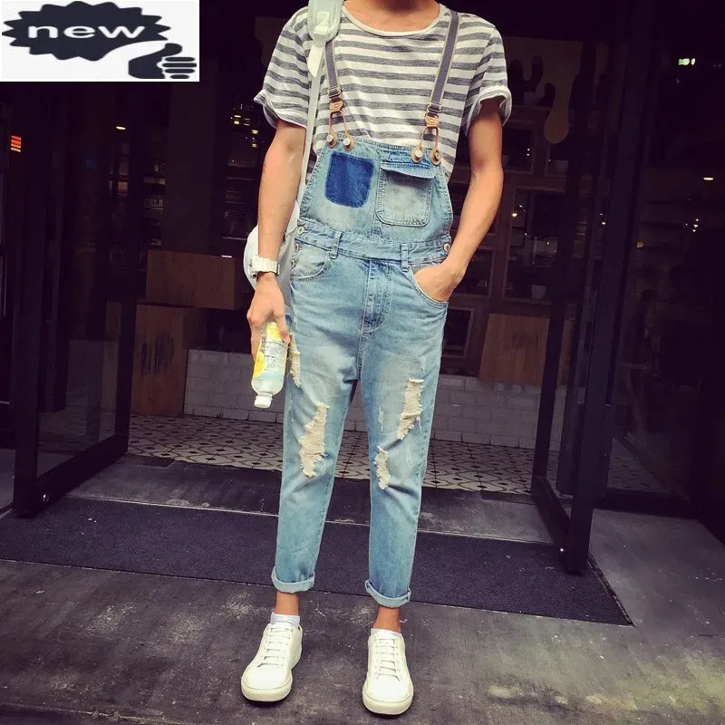 Bib de streetwear hip hop en jean été des hommes de mode d'été jeans trous de trousse de trou de jean déchiré pantalon la longueur de la cheville corde 240410