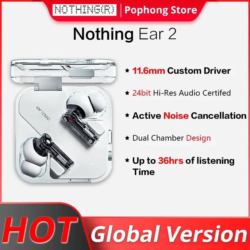 Kulaklıklar Global Versiyon Hiçbir Şey Kulak 2 İşe Kablosuz Sertifikalı 40dB ANC 11.6m Özel Sürücü Çift Oda Bluetooth 5.3 EAR2