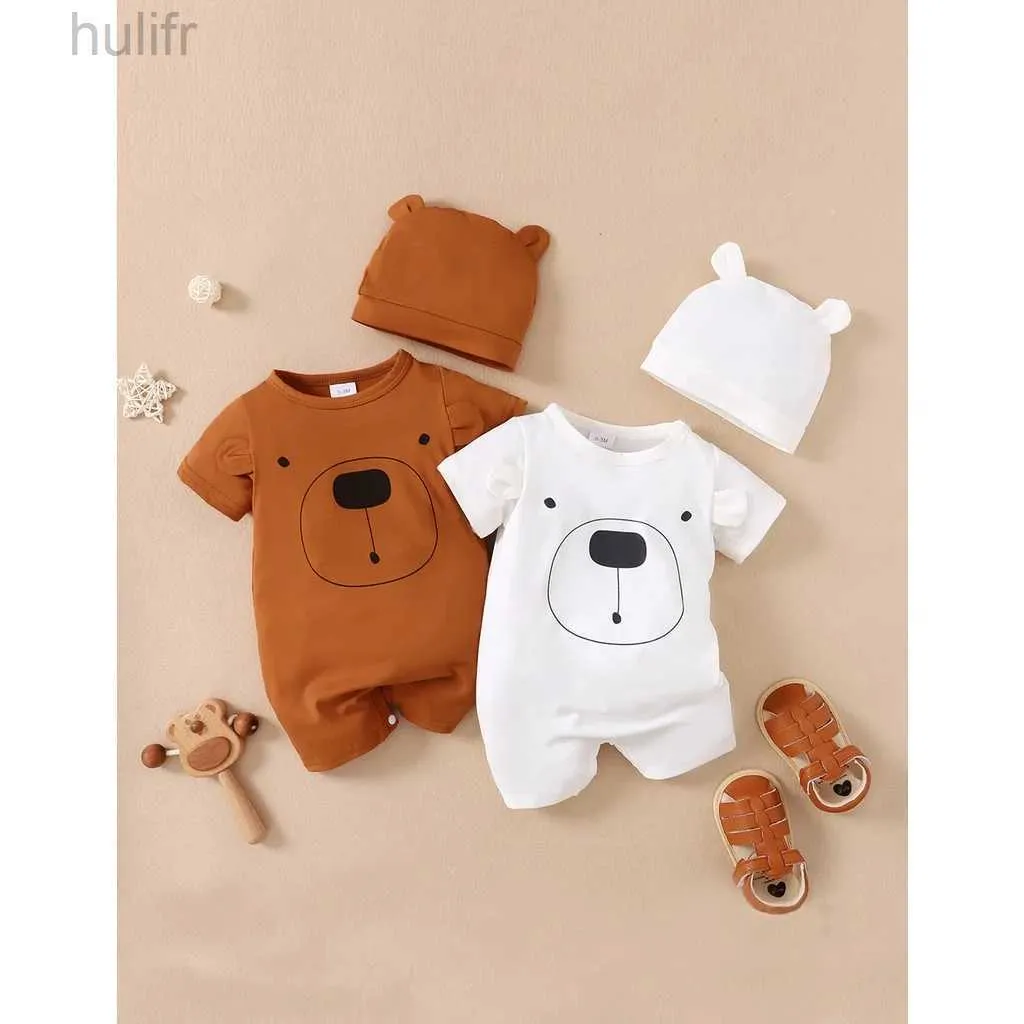 Rompers Baby Boy 0-18 miesięcy Romper Nowonarodzony Ubranie dla dzieci Śliczne niedźwiedzie krótkie rękawy Bodysit with Hat 2pcs Summer Infant Baby Baby TUBUT D240425