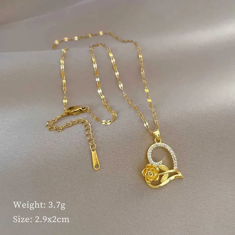 Colares com Pingente Elegante e Requintado Amor Rosa Luz Temperamento Luxuoso Lindo Colar Aço Inoxidável_voghion.com