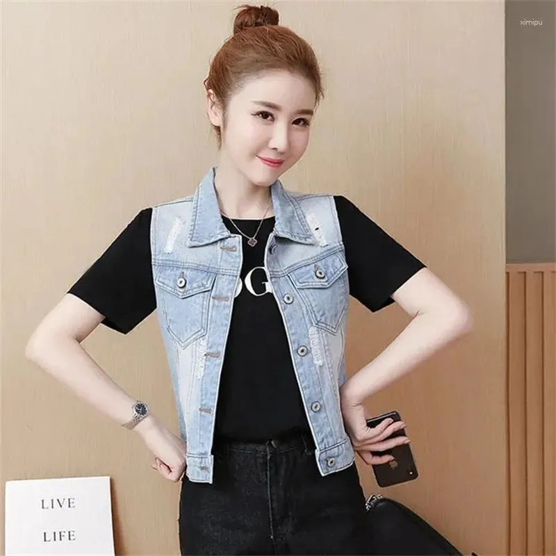 Damesvesten 2024 Spring herfst denim vest vrouwen kleding vintage gat mouwloze Jean Waistcoat korte jas vrouwelijke bovenkleding