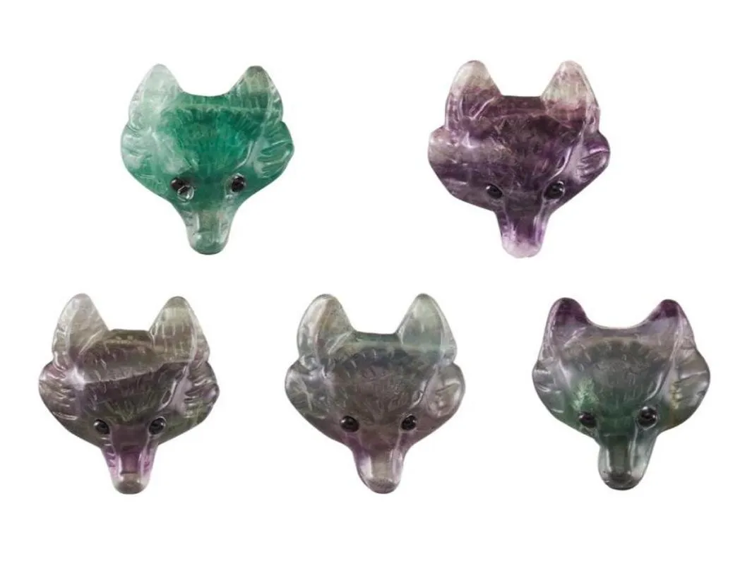 Colliers de pendentif 5pcs Stone Natural Fluorite Quartz Aventurine Crystal Wolf Head Pendants Charmes pour collier Bijoux DIY Fabrication 6640005