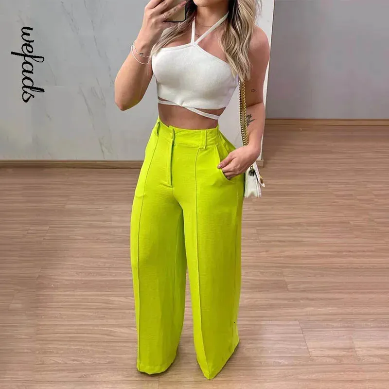 Wefads Femmes Two Piece Set Summer Sexy Solid Halter Sans manches Backless High Tobe Slim Top Loose Loose Pantalon Pantalon Set Streetwear 240424