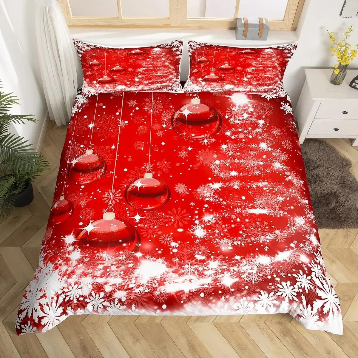 sets Merry Christmas Duvet Cover Set,Red Xmas Bells Bedding Set 3pcs,Fantasy Snow Tree Comforter Cover New Year Festival Quilt Cover