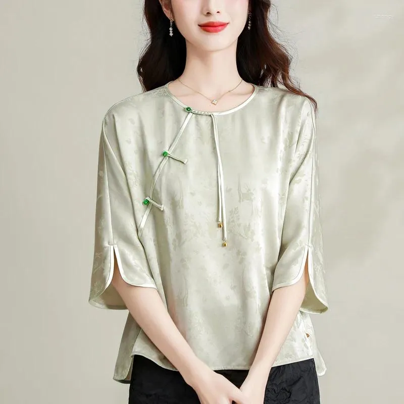 Chemises en satin pour femmes printemps / fleur d'été Style chinois lâche Vintage Femmes Tops Clothing Fashion Ycmyunyan