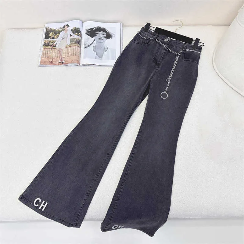 Jeans Womens Designer Summer New High-waiste Button Chain Embroidery Letter Elastic Force Wide Leg Trousers Long Loose Lightweight Classic Fashion Denim Pants