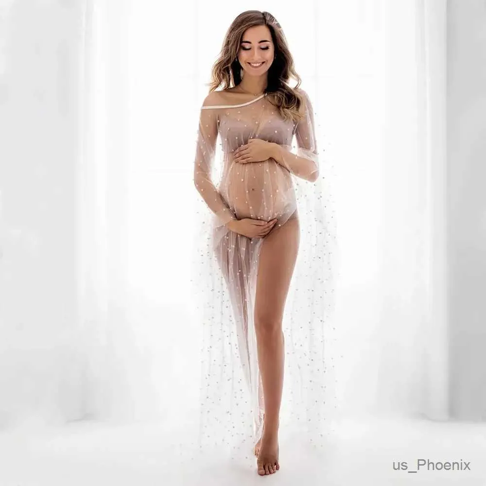 Maternity Dresses See Through Pearl Maternity Photography Props Cape Cloak Pearl Tulle Pregnancy Photo Shoot Long Cape