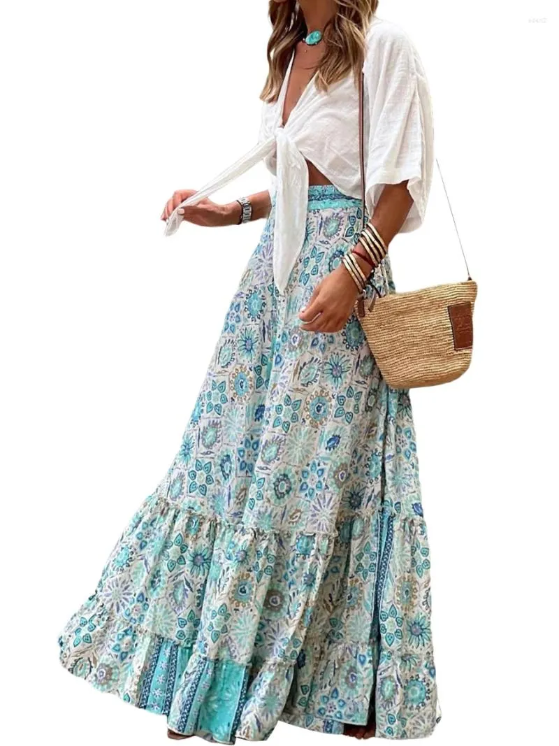 Skirts Women Flowy Boho Skirt Printed Ruffled Hem Summer Casual For Beach Vacation Club Streetwear Aesthetic Clothes