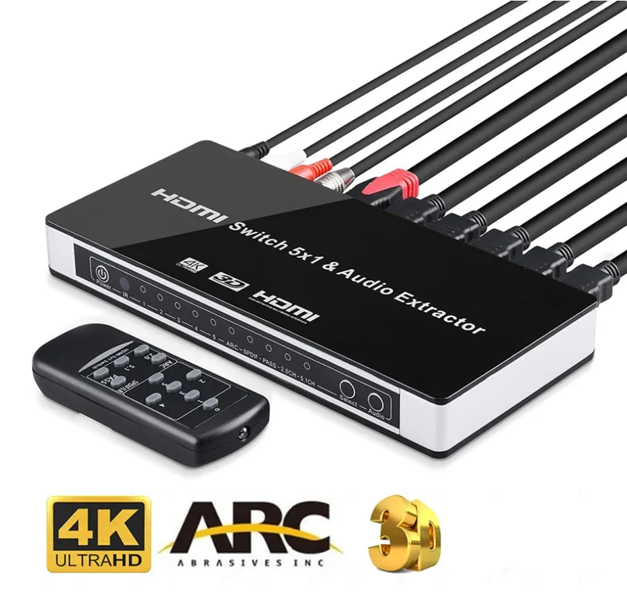 HDMI Switch Switcher 5x1 HDMI Audio Extractor 4KX2K 3D Arc Audio EDID -instelling HDMI 1.4V HDMI Switch Remote 5 in 1 uit