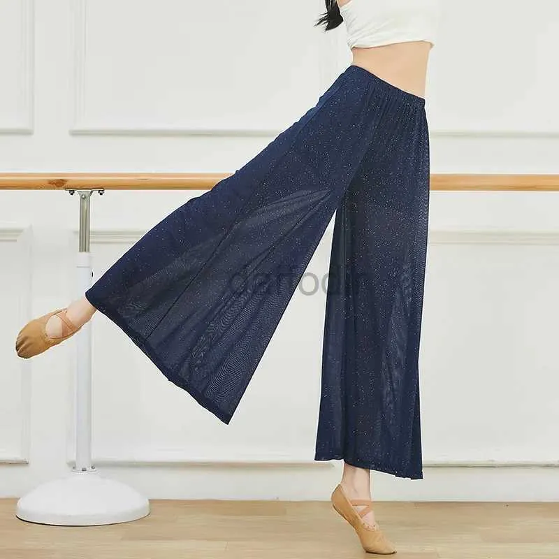 Stage Wear Classical Dance Pants Women Loose Wide Leg Flash Silver Crystal Mesh Flowing Trouser Dance wear Body Rhyme Pants d240425