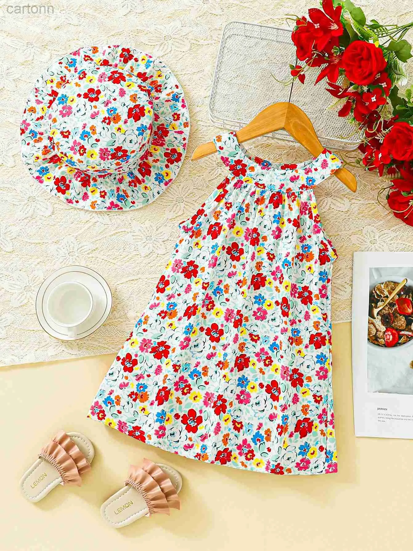 Girl's Dresses 2-Piece Floral Print Holiday Beach Sleeveless Dress + Sun Hat Set D240425