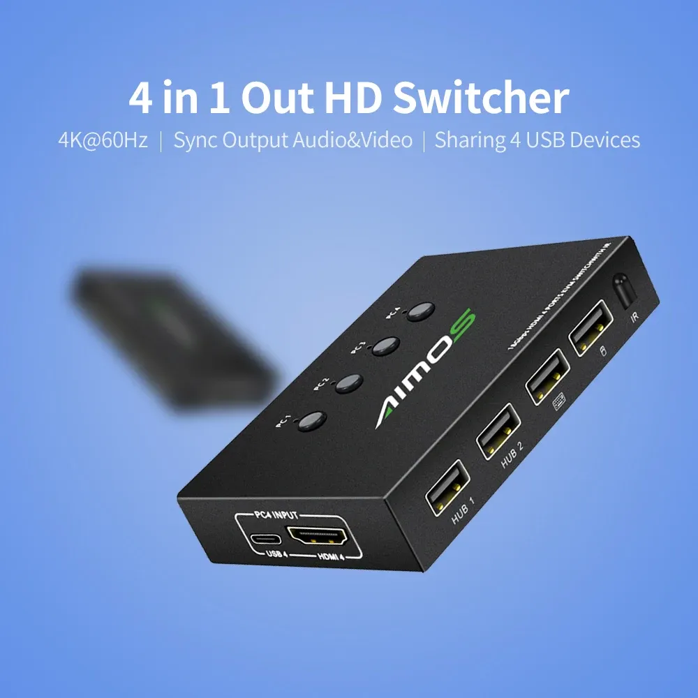 Möss AIMOS USB KVM Switch 4 Port, 4 Datorer som delar 4 USB -enheter OneButton Byte, för Share Mouse, tangentbord, skrivare, skanner