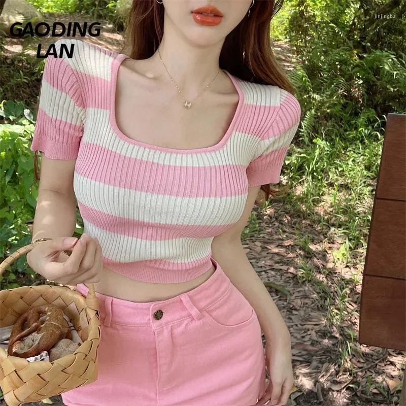 Damen T-Shirts süße rosa Streifen T-Shirts Frauen Kurzarm Dünne gestrickte Ernte Tops enthüllen Schlangenwunsch T-Shirts Sommer Schlanker sexy sexy