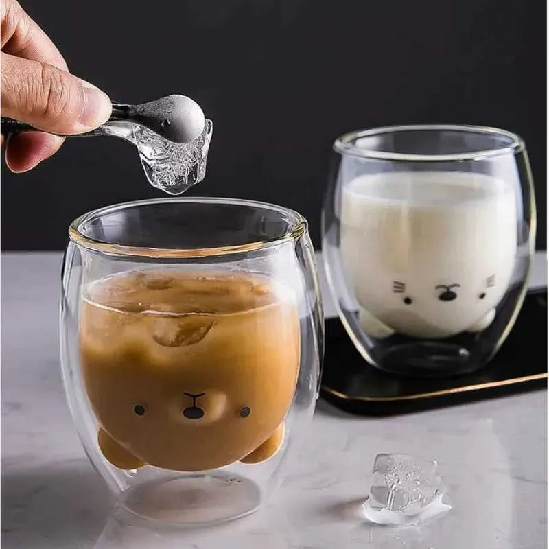 Tumblers Creative Cute Bear Double Layer Coffee Cup Glass Paper Box Animal Milk Ladies Cat Duck Dog Christmas Gift H240425