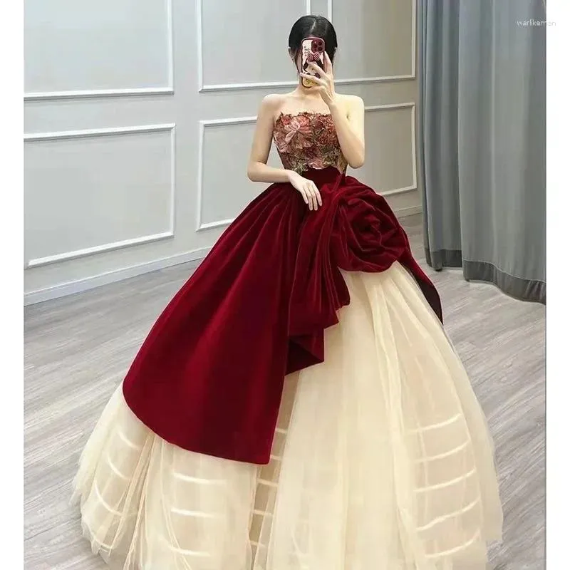 Party Dresses Strapless Temperament Mesh Patchwork Wedding Robe Slim Waist Big Rose Design Elegant Evening Ball Gown Prom Dress